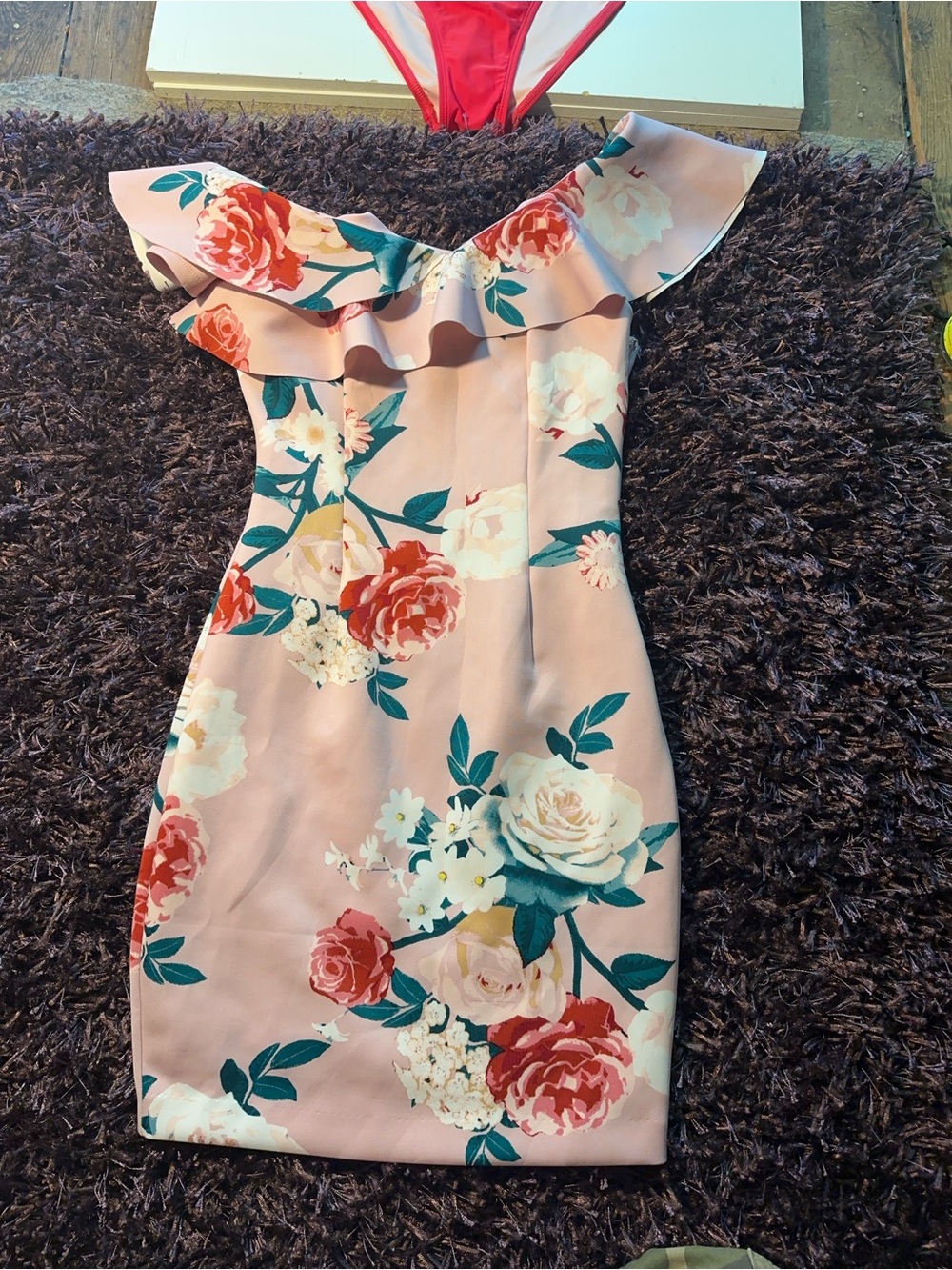 Guess Shoulder Floral Ruffle‎ Dress in Blush Pink and Teal